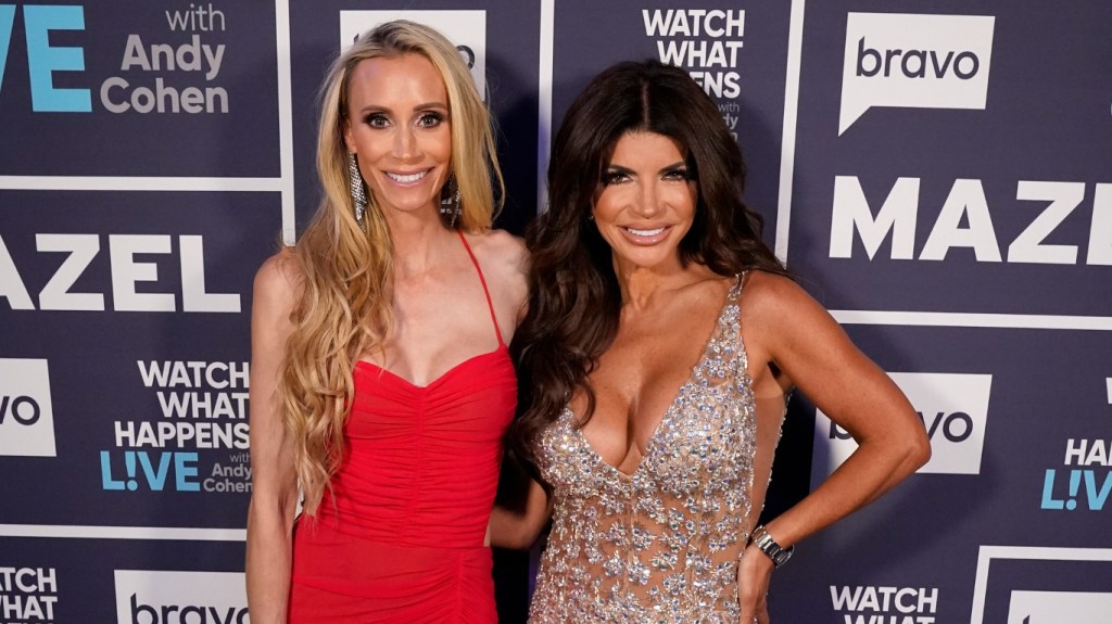 Melissa Pfeister and Teresa Giudice posing together backstage at Watch What Happens Live