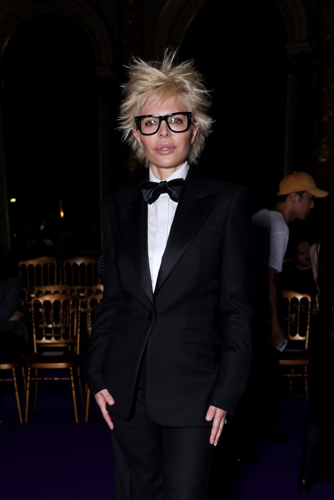 Lisa Rinna with platinum blonde hair for Paris Fashion Week.