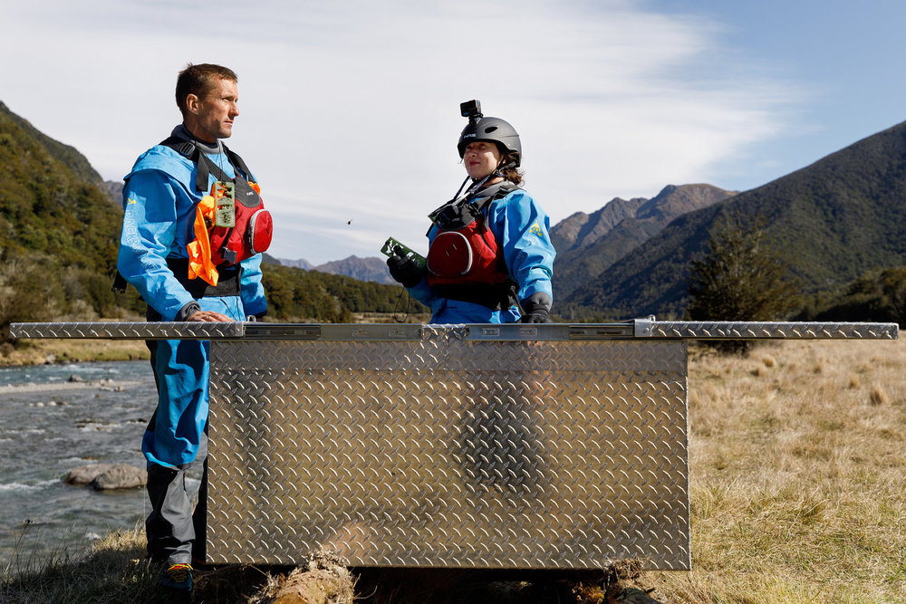 Nik and Kennedy standing at the finish crate on Race to Survive: New Zealand