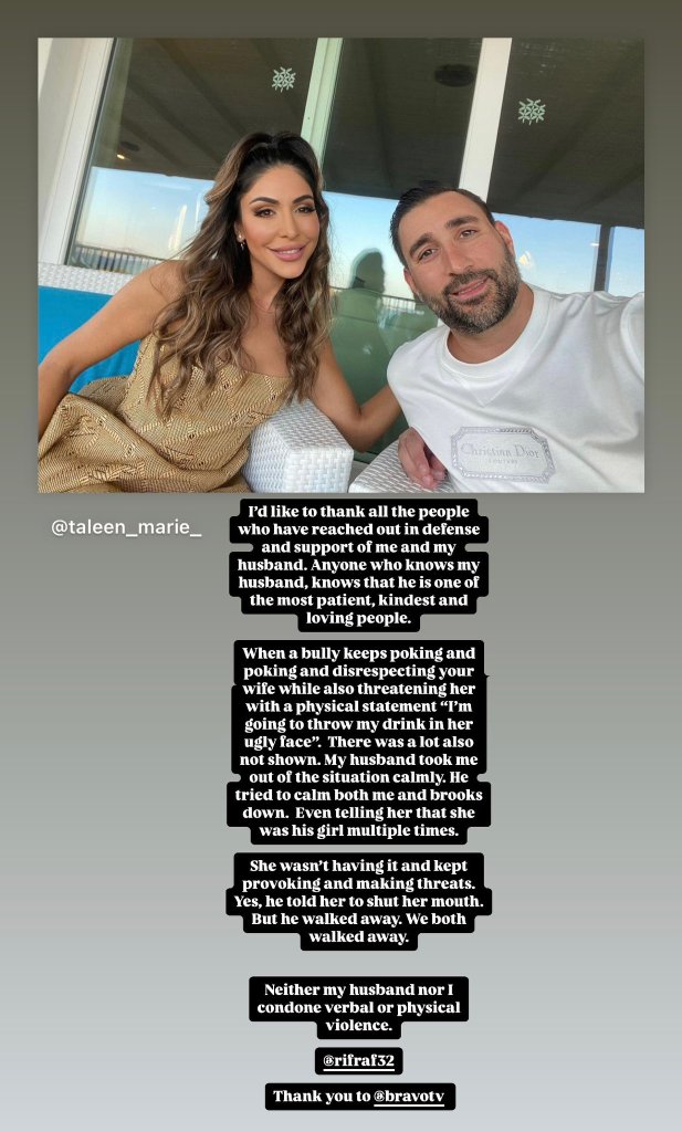 Screenshot of RHODubai star Taleen Marie defending her husband on social media.