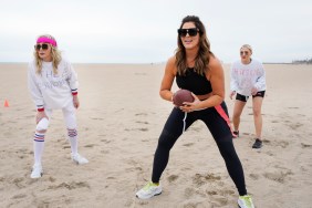 Shannon Beador, Emily Simpson, and Gina Kirschenheiter playing flag football.