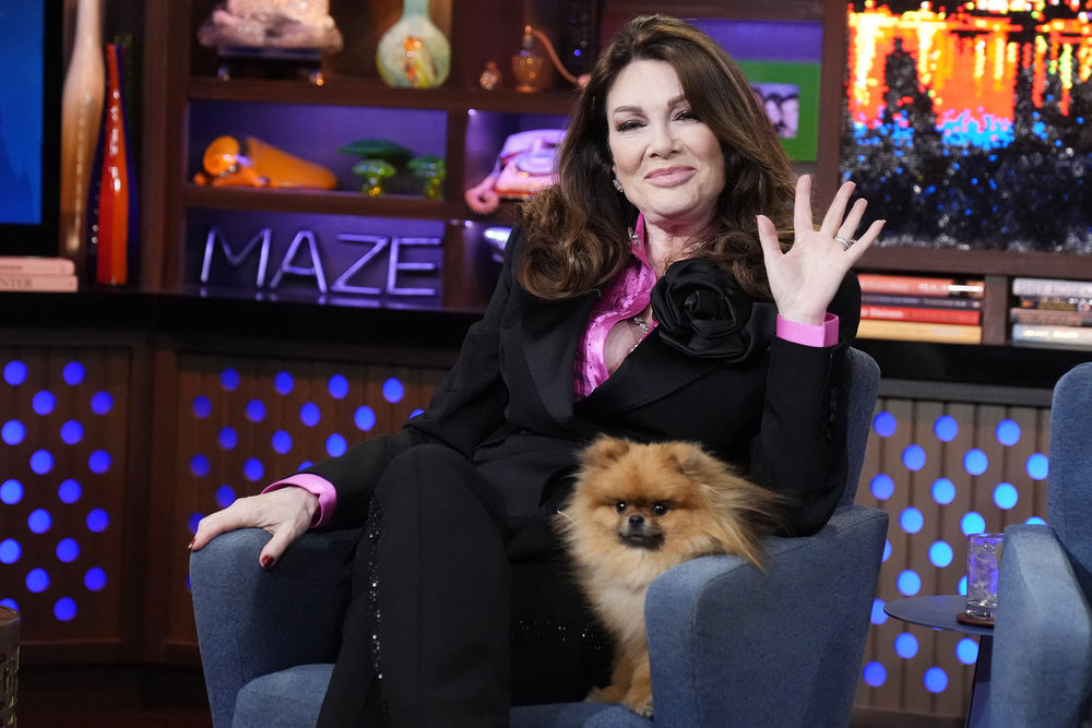 Lisa Vanderpump and her little dog on WWHL.