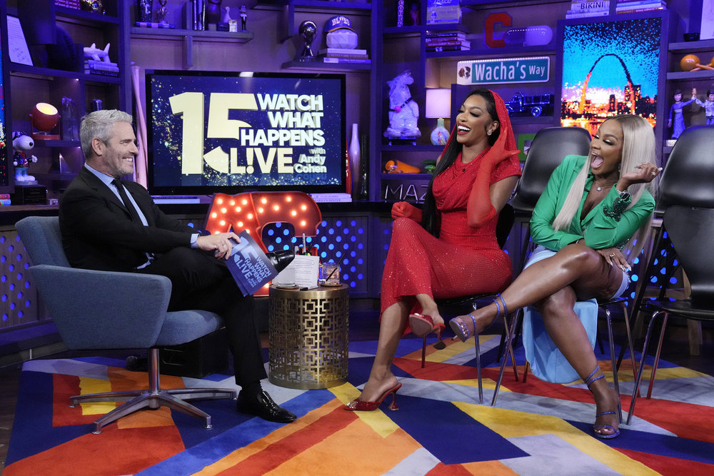 Andy Cohen, Porsha Williams, and Phaedra Parks during the Watch What Happens Live 15th anniversary