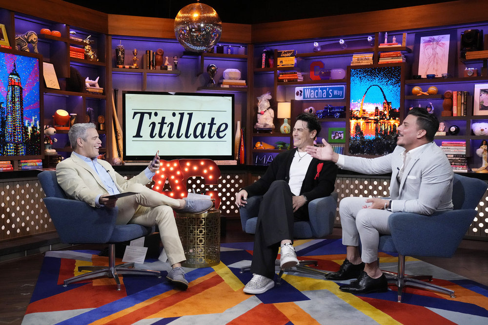 Jax Taylor and Tom Sandoval with Andy Cohen on WWHL.