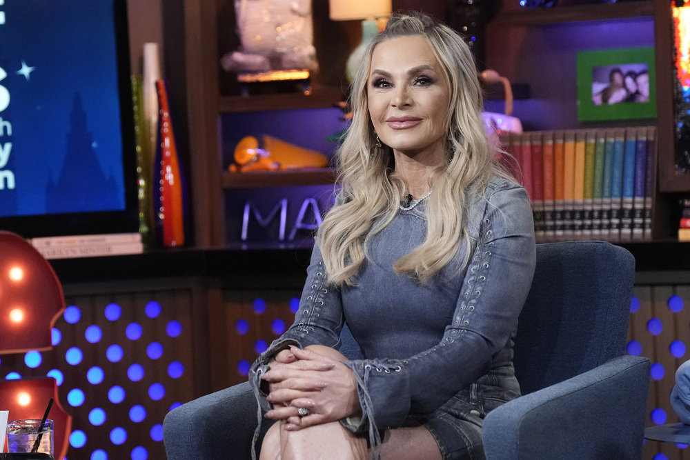 Tamra Judge in a grey dress on Watch What Happens Live. 