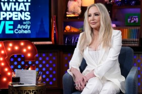 Shannon Beador looking unhappy in a white suit on WWHL.