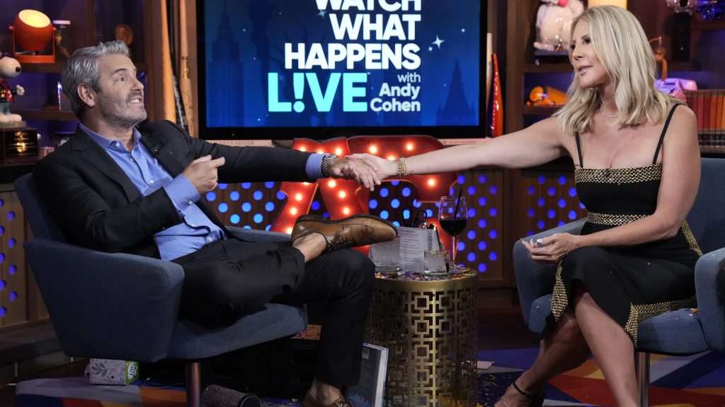 Andy Cohen with RHOC original, Vicki Gunvalson on WWHL