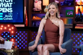 Ariana Madix looking fit and shiny in a brown bodycon dress on WWHL.