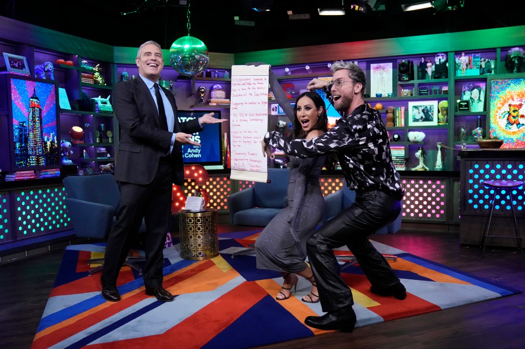 Andy Cohen, Angie K, and Lance Bass on WWHL.