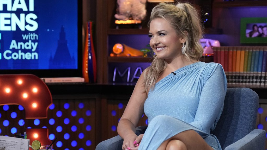 BDSY star Daisy Kelliher in a blue dress on WWHL.