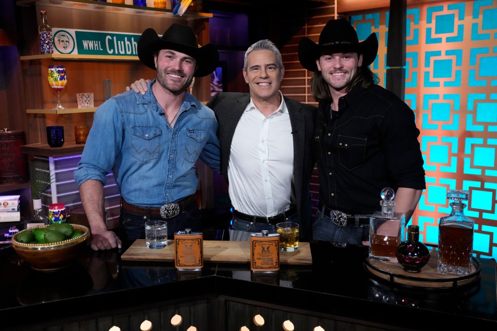 Steven McBee, Jr., Andy Cohen, and Jesse McBee behind the bar on Watch What Happens Live