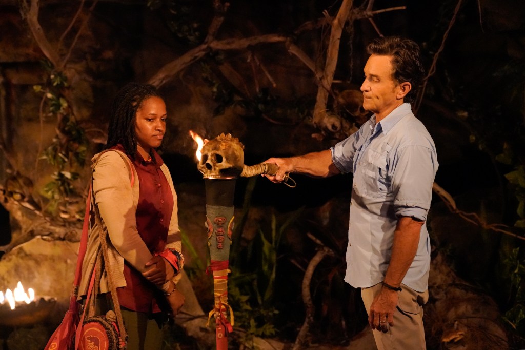 Jeff Probst and Aysha Welch at Tribal Council