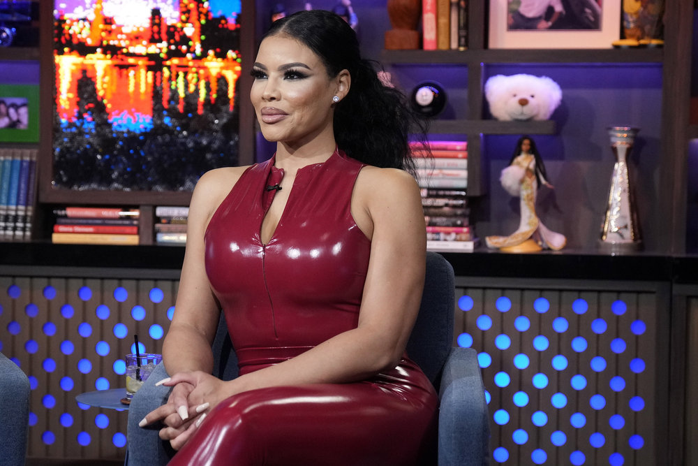 Mia Thornton wearing red pleather on WWHL.