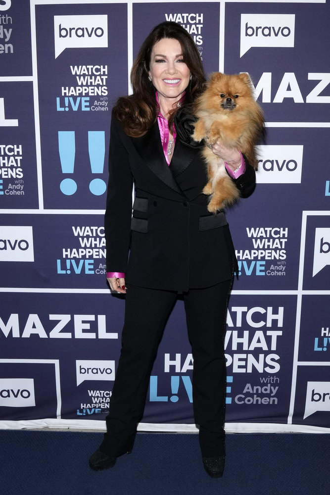 Lisa Vanderpump and her dog at Watch What Happens Live. 