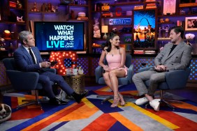 Andy Cohen sitting with Paige DeSorbo and Craig Conover on Watch What Happens Live