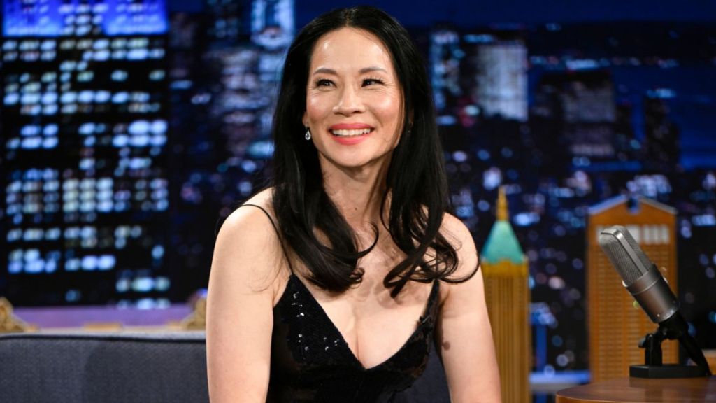 Actress Lucy Liu in a black sequined midi dress during an interview for Tonight Show with Jimmy Fallon on Wednesday, January 22, 2025.