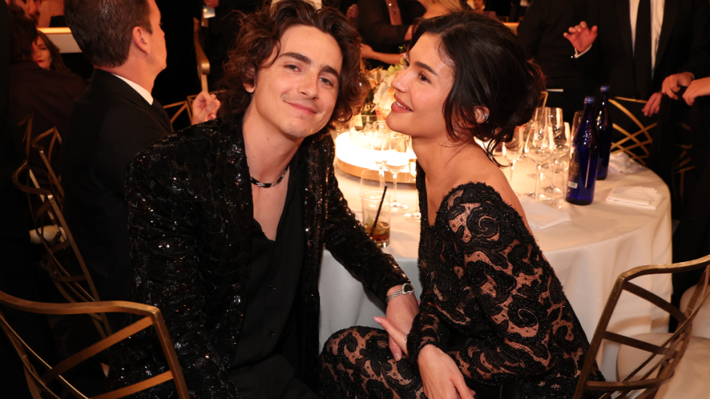 Timothée Chalamet and Kylie Jenner at the 81st Golden Globe Awards held at the Beverly Hilton Hotel on January 7, 2024 in Beverly Hills, California.