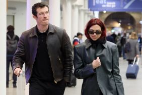 Dua Lipa and Callum Turner arriving at London St Pancras Station after taking the Eurostar from Paris on March 26, 2024 in London, England.