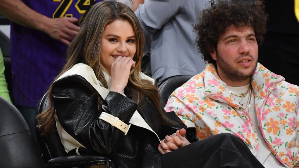 Selena Gomez and Benny Blanco attend a basketball game between the Los Angeles Lakers and the Miami Heat at Crypto.com Arena on January 03, 2024 in Los Angeles, California.