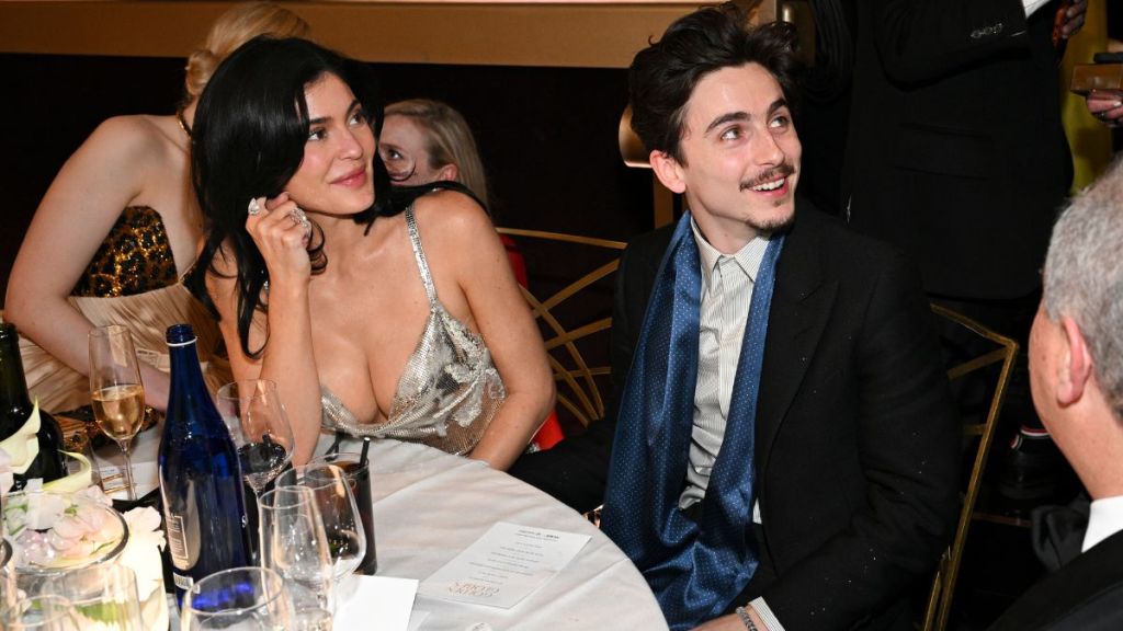 Kylie Jenner and Timothée Chalamet during the 82nd Annual Golden Globes held at The Beverly Hilton on January 05, 2025 in Beverly Hills, California.