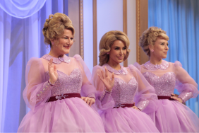 Ana Gasteyer, Kim Kardashian, Scarlett Johansson during the "Lawrence Welk" sketch on February 16, 2025.