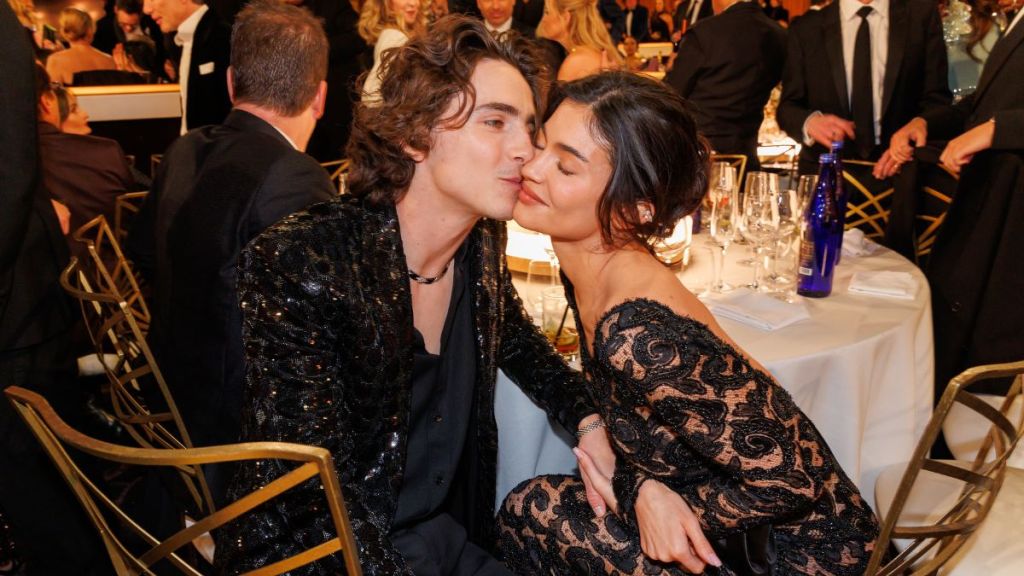 Timothée Chalamet and Kylie Jenner at the 81st Golden Globe Awards held at the Beverly Hilton Hotel on January 7, 2024 in Beverly Hills, California.