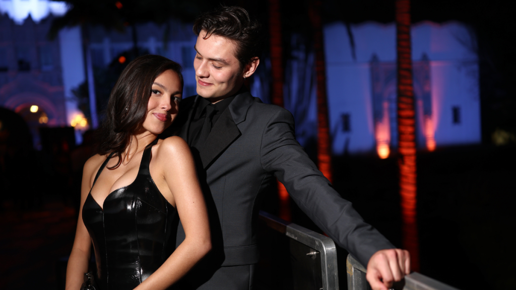 Olivia Rodrigo and Louis Partridge attends the 2025 Vanity Fair Oscar Party Hosted By Radhika Jones at Wallis Annenberg Center for the Performing Arts on March 02, 2025 in Beverly Hills, California.