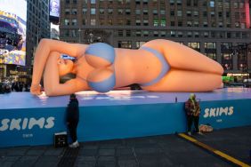 A view of a gigantic SKIMS swim inflatable 60 foot balloon resembling the likeness of Kim Kardashian at Times Square on March 04, 2025 in New York City.