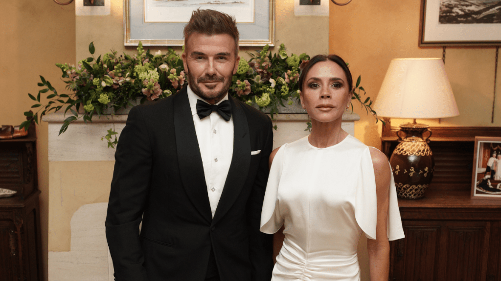 David Beckham and Victoria Beckham attend a dinner in celebration of Slow Food at King Charles III's Gloucestershire estate, Highgrove Gardens on February 7, 2025 inTetbury, England.