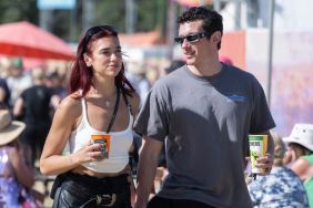 Dua Lipa and Callum Turner during day four of Glastonbury Festival 2024 at Worthy Farm, Pilton on June 29, 2024 in Glastonbury, England.