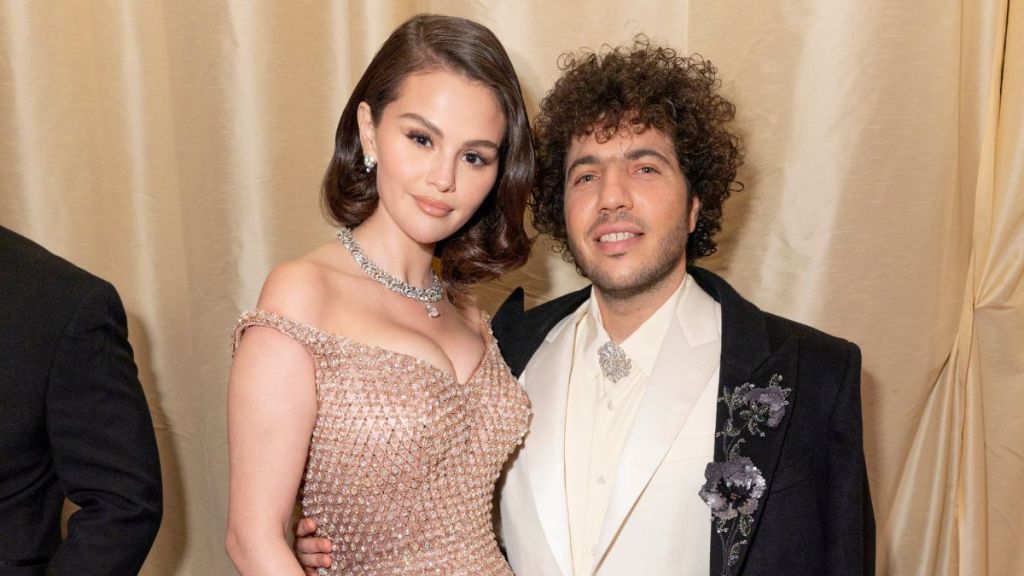 Selena Gomez and Benny Blanco attend the 97th annual Oscars at Ovation Hollywood on March 02, 2025 in Hollywood, California.