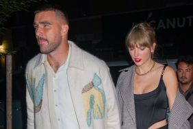 Travis Kelce and Taylor Swift are seen leaving the SNL after party on October 15, 2023 in New York, New York.