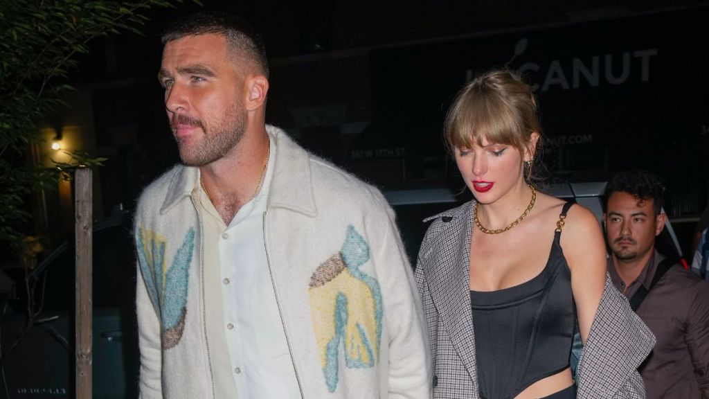 Travis Kelce and Taylor Swift are seen leaving the SNL after party on October 15, 2023 in New York, New York.