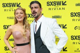 Blake Lively (L) and Michele Morrone attend the world premiere of "Another Simple Favor" during the 2025 SXSW Conference and Festival at at The Paramount Theatre on March 07, 2025 in Austin, Texas.