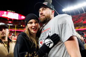 Tight end Travis Kelce #87 of the Kansas City Chiefs celebrates with Taylor Swift after the AFC Championship football game against the Buffalo Bills, at GEHA Field at Arrowhead Stadium on January 26, 2025 in Kansas City, Missouri.